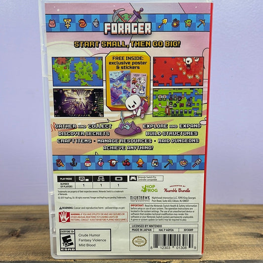 NINTENDO SWITCH - FORAGER Retrograde Collectibles 2D, CIB, Farm Simulator, Forager, Gathering, Harvest, Hop Frog, Humble Bundle, Indie, Nighthawk Inte Preowned Video Game