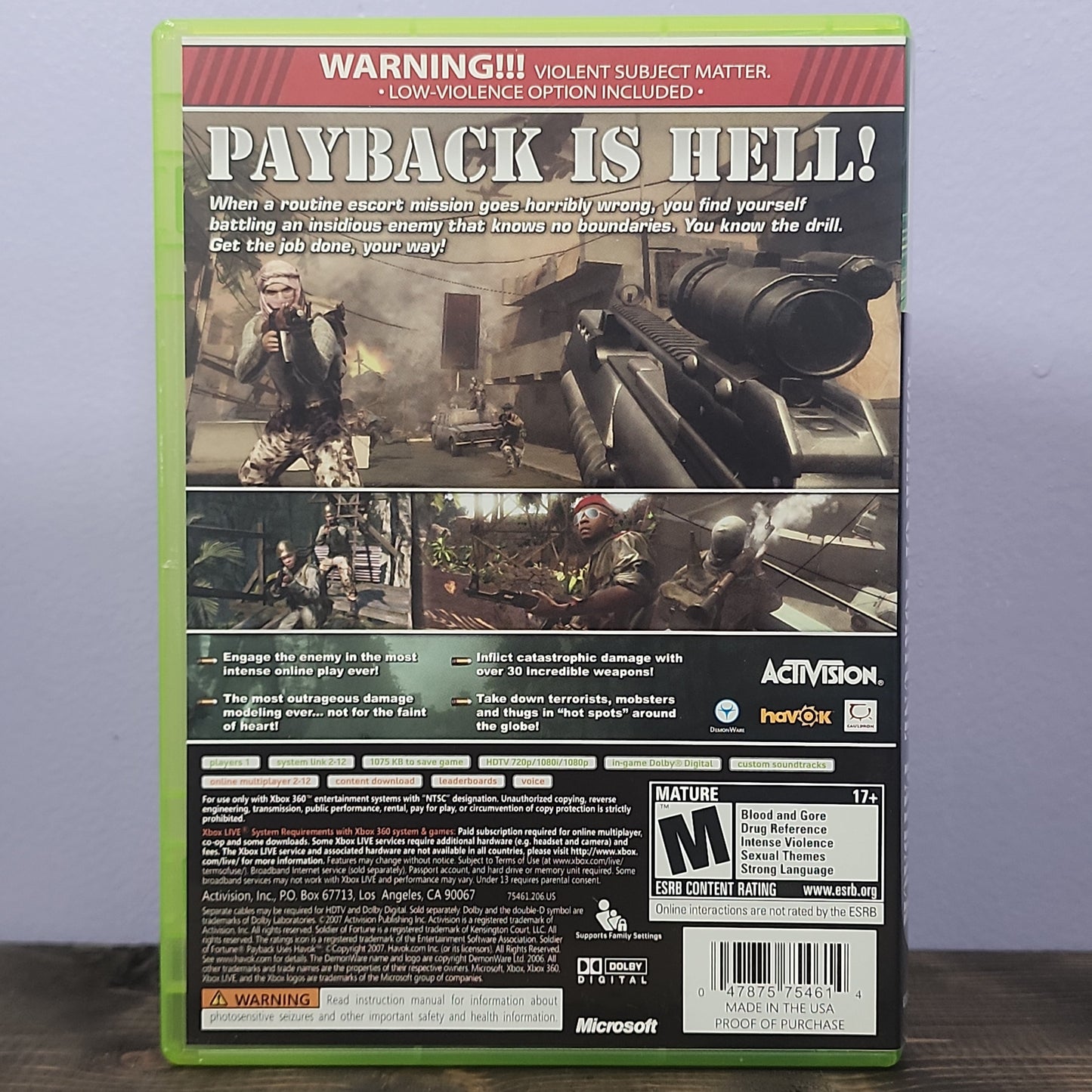 Xbox 360 - Soldier of Fortune Payback Retrograde Collectibles CIB, First Person Shooter, FPS, M Rated, Shooter, War, Xbox 360 Preowned Video Game