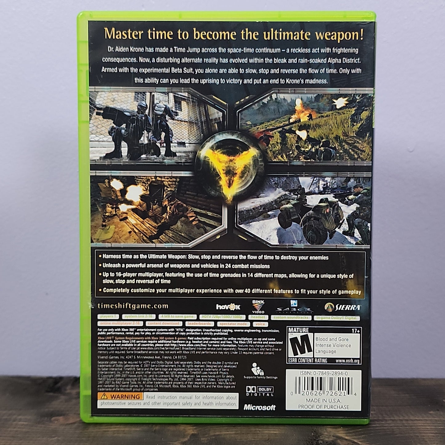 Xbox 360 - Timeshift Retrograde Collectibles Action, Activision, CIB, First Person Shooter, M Rated, Saber Interactive, Sci-Fi, Xbox 360 Preowned Video Game