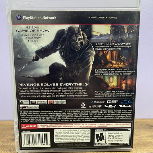 Playstation 3 - Dishonored Retrograde Collectibles Action, Arkane Studios, Assassin, Bethesda Softworks, CIB, Dark, Dishonored Series, First Person, M  Preowned Video Game 