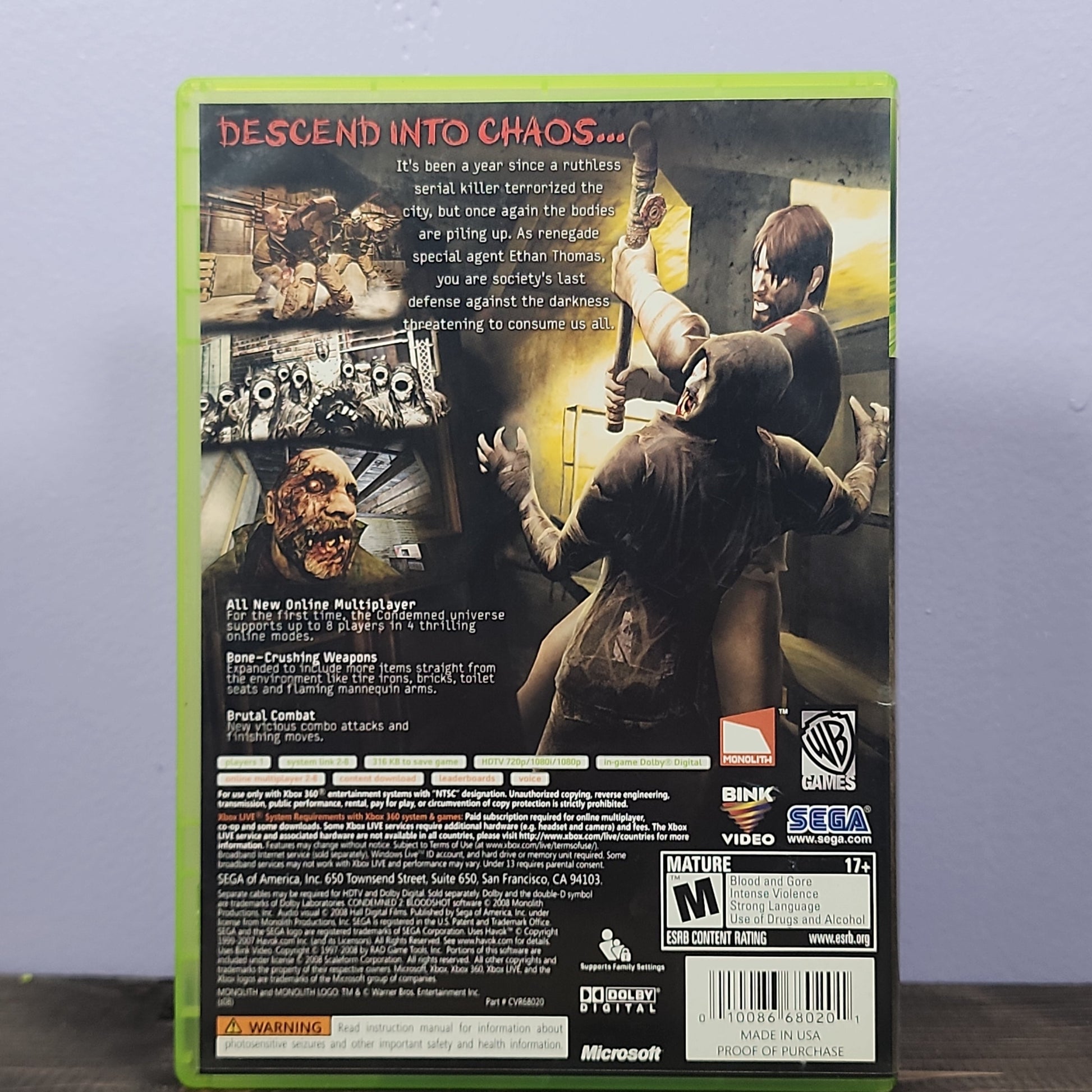 Xbox 360 - Condemned 2: Bloodshot Retrograde Collectibles Action, Adventure, CIB, Horror, M Rated, Monolith productions, SEGA, Survival, Xbox 360 Preowned Video Game 